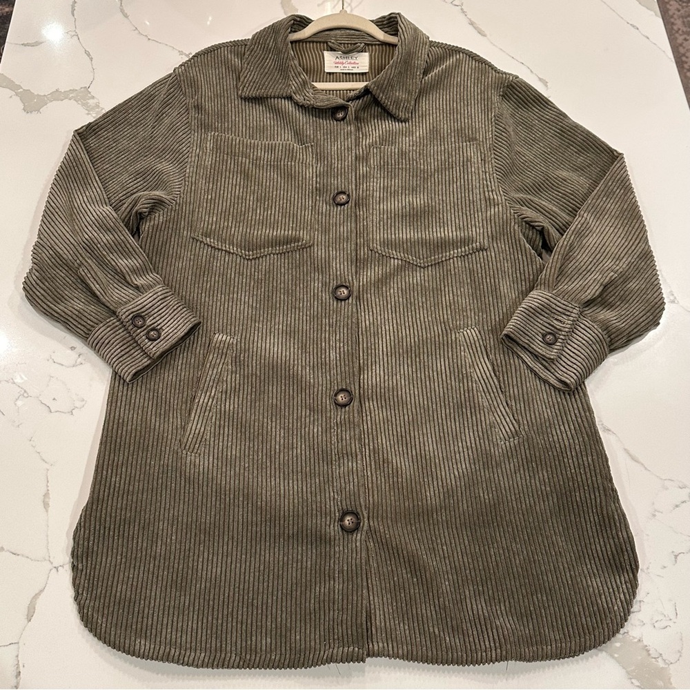 Ashley By 26 International Sage Green Corduroy Shirt Jacket Shacket Women L Work